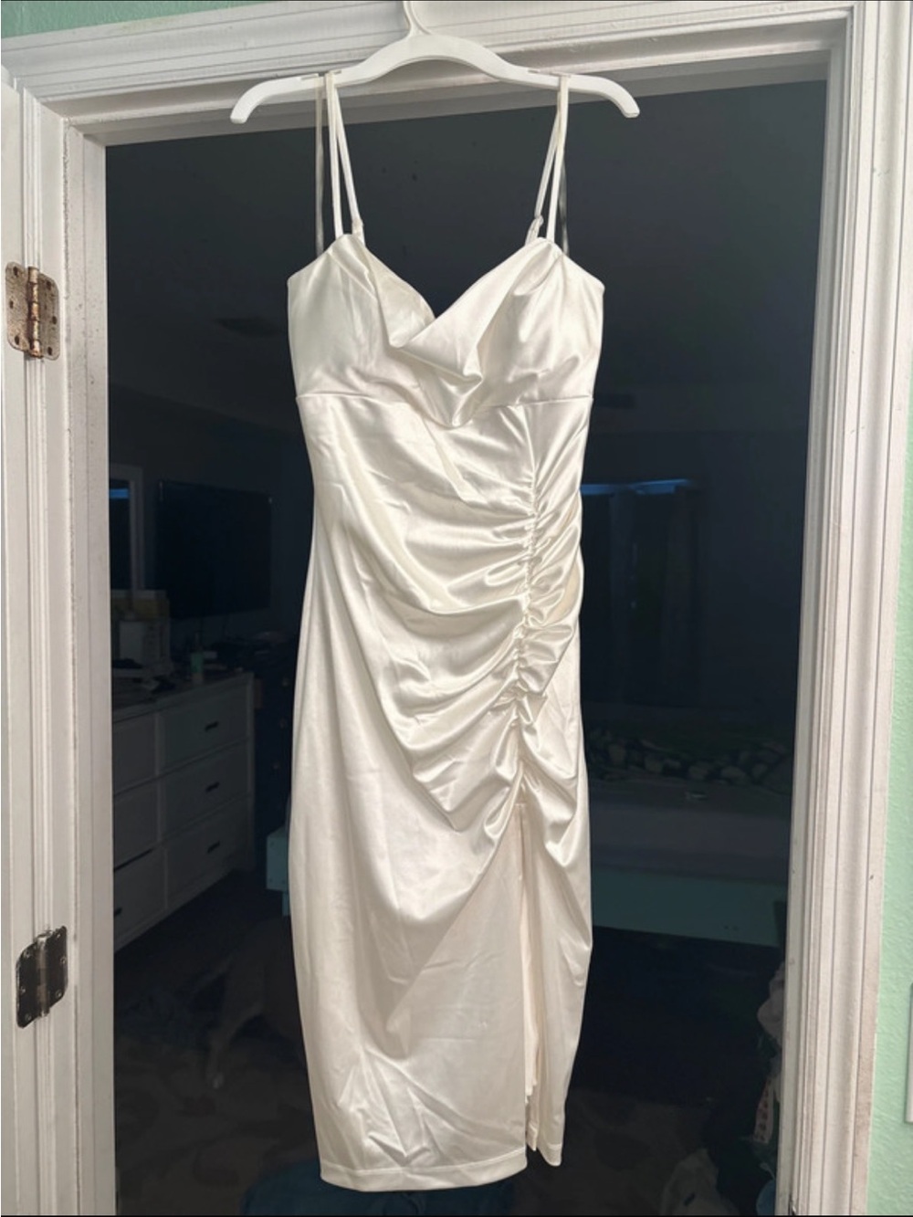 Honey and Rosie Ivory Satin Ruched Midi Dress